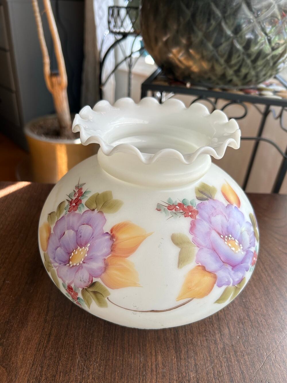 Vintage Floral Hand-painted Milk Glass Hurricane Lamp Shade 7" Fitter
